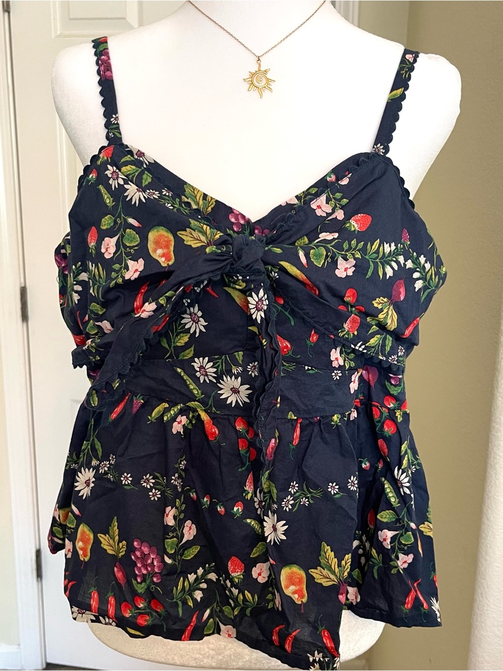 Old Navy - Navy Blue Farmers Market Babydoll Blouse with Tie-Front | Size XL